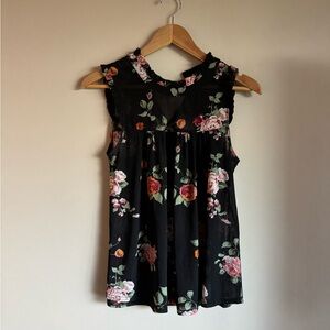 Black Floral Sleeveless Ruffled Neck Blouse